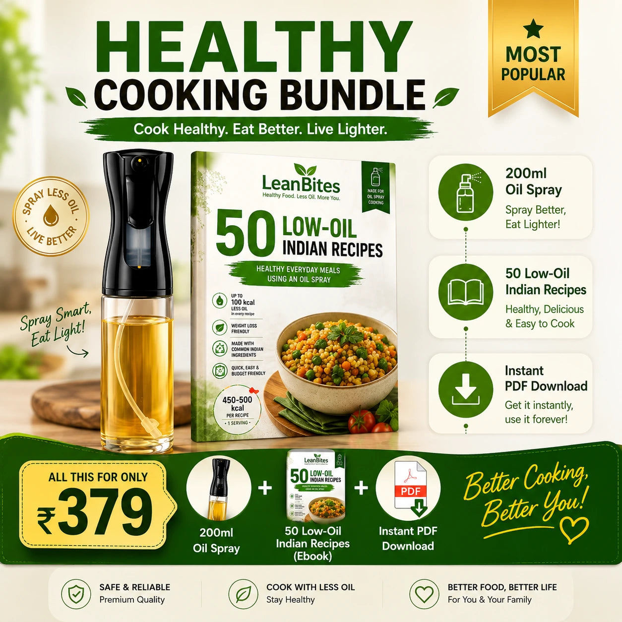 200ml oil Spray Bottle For Healthy Cooking + FREE Indian Low-oil Recipe Book