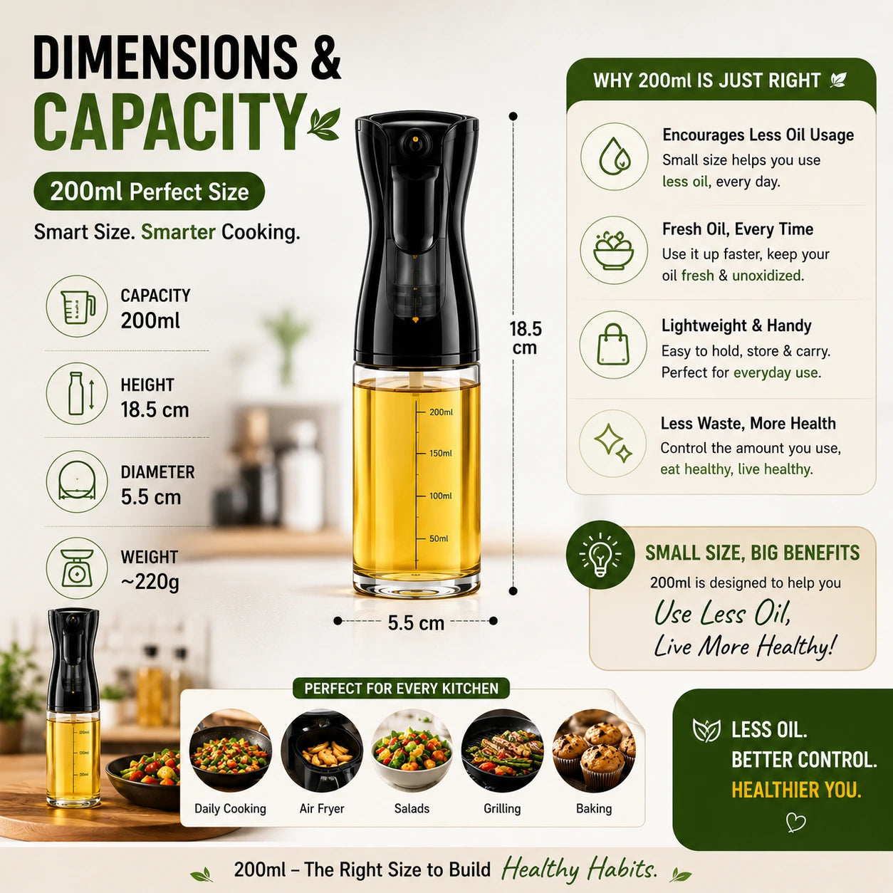 200ml oil Spray Bottle For Healthy Cooking + FREE Indian Low-oil Recipe Book