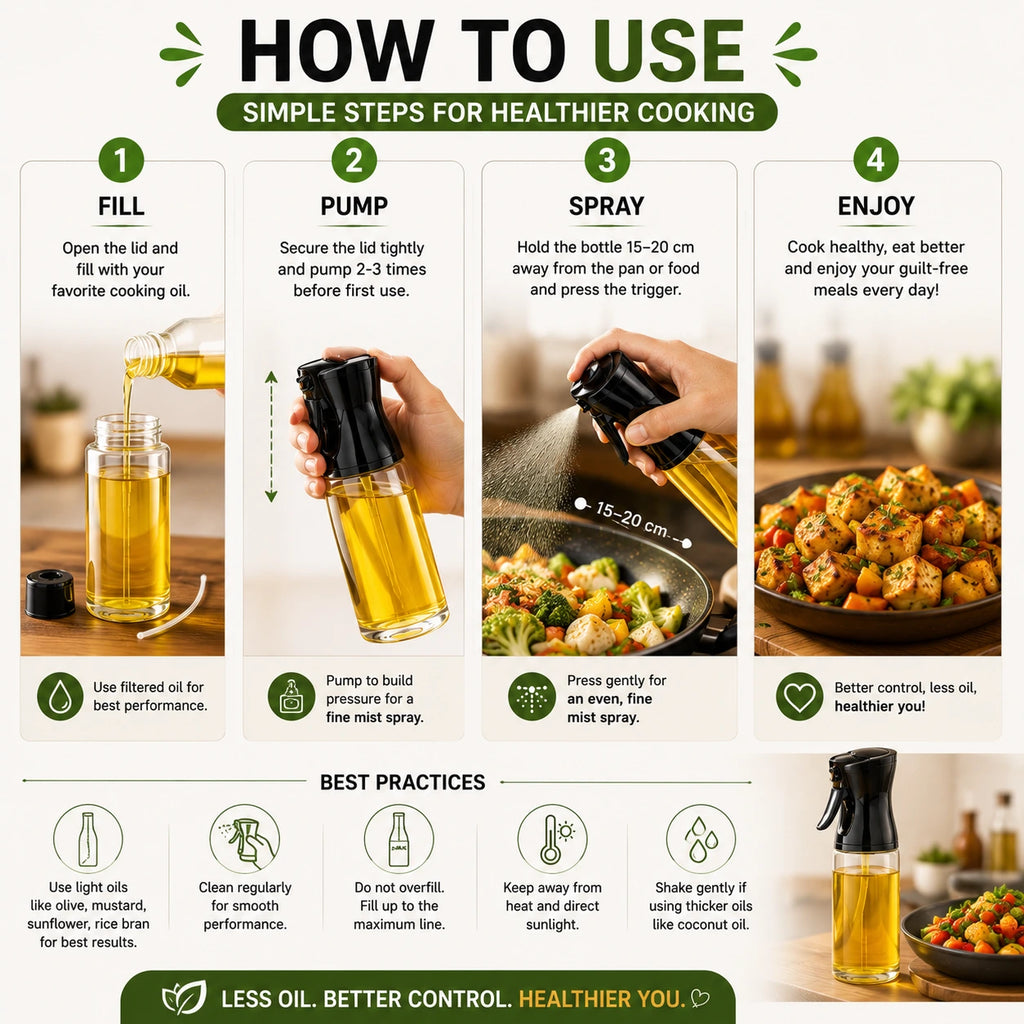 200ml oil Spray Bottle For Healthy Cooking + FREE Indian Low-oil Recipe Book