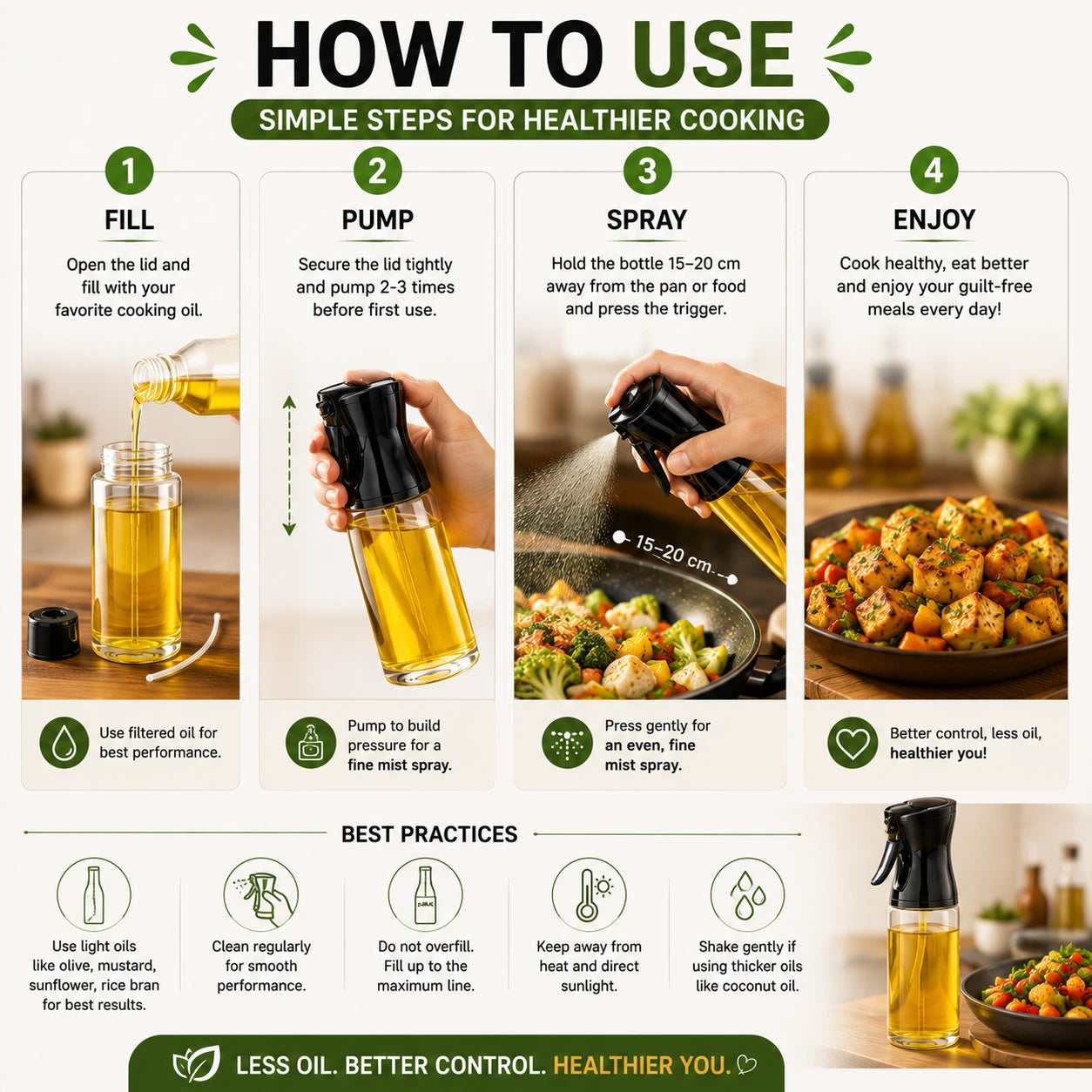 200ml oil Spray Bottle For Healthy Cooking + FREE Indian Low-oil Recipe Book